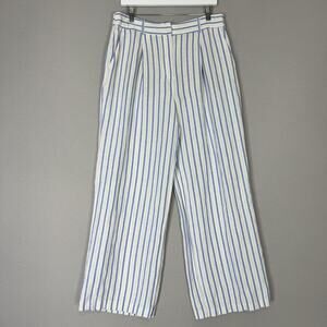 LOFT Pants Womens 8 White Stripe Linen Blend Pleated Wide Leg Nautical Beachy
